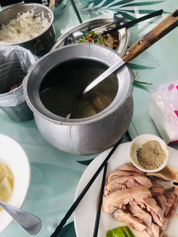 Chicken soup, steamed chicken, and bamboo meal