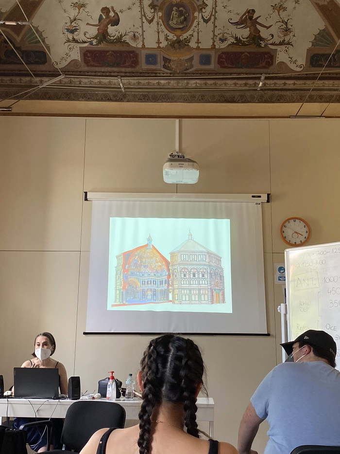 classroom with cathedral image on projector