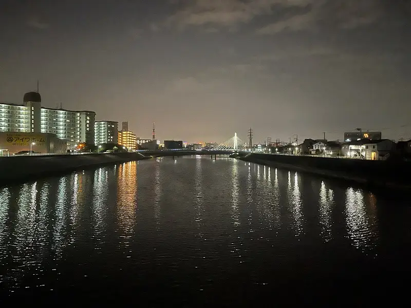 River at night with Osaka skyline in the background