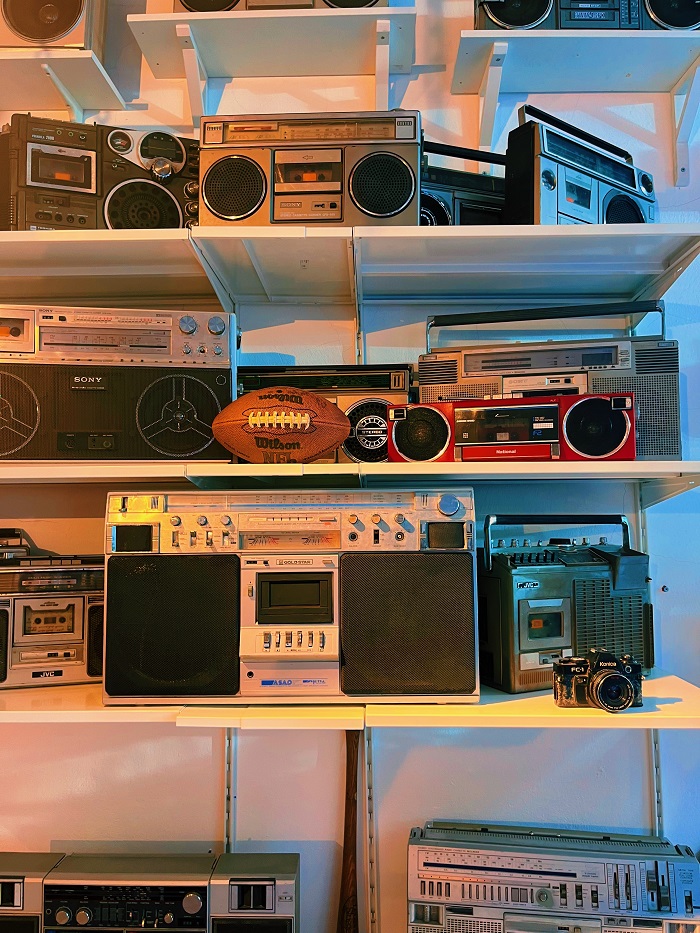 stereos and other items on shelves 