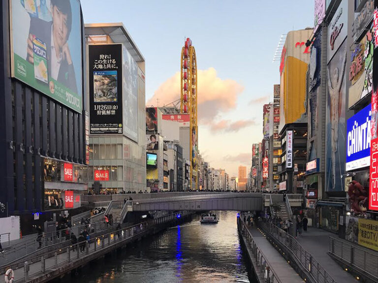 View of a river and buildings on either side in downtown Osaka