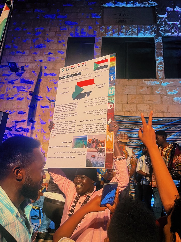 Man holding up Sudan infographic poster above his head 