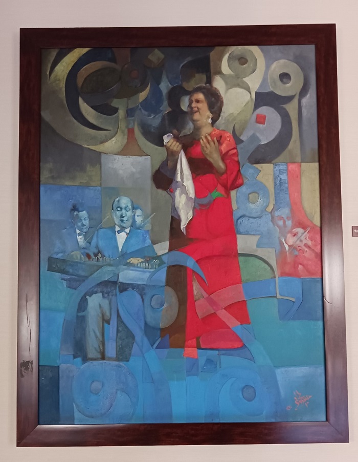 Painting of a female singer with her band behind her