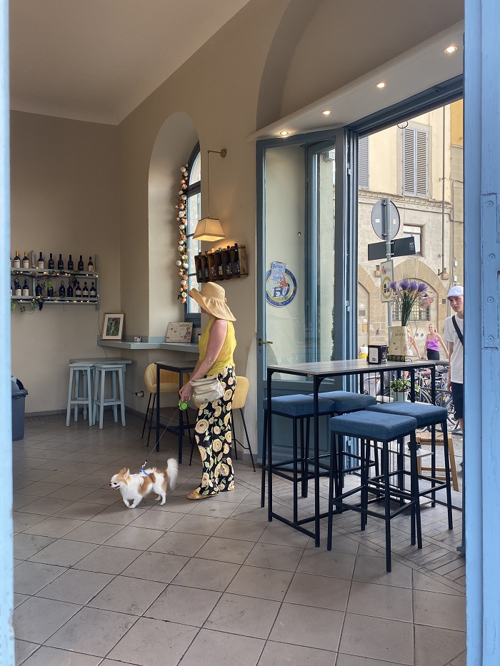 Lady with her dog inside a cafe 
