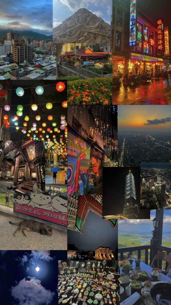 A collage of color photos featuring night scenes in Taipei, restaurant table spreads, the sky, and sleeping cats.