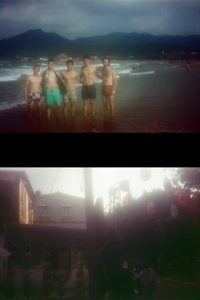 One picture of five students standing with their ankles buried on the beach. The second picture is a street scene where some hanging paper lanterns are visible. 