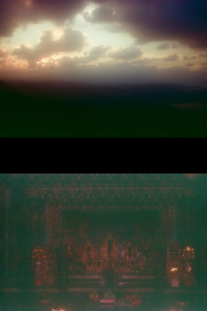 The top photo is a lofi image of a beach on a cloudy day. The bottom photo displays the inside of Xiahai Temple, with red ornate figures displayed.  