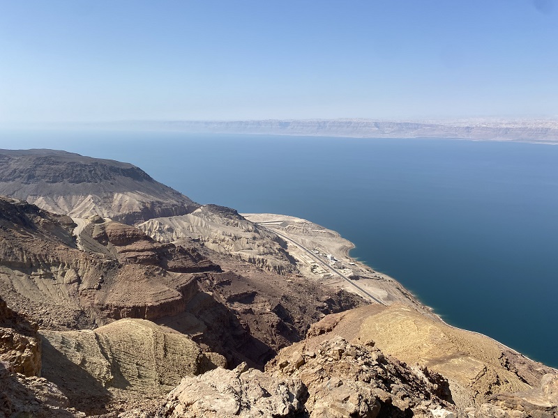 A wide shot of the Dead Sea with Palestine's mountains seen in the background.