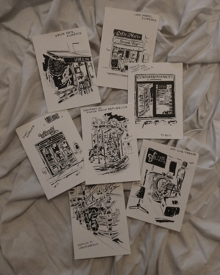 Postcards illustrated by a CET Florence student of places in Florence
