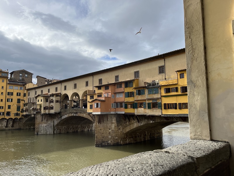 Ponte Vecchio and two birds flying in the sky
