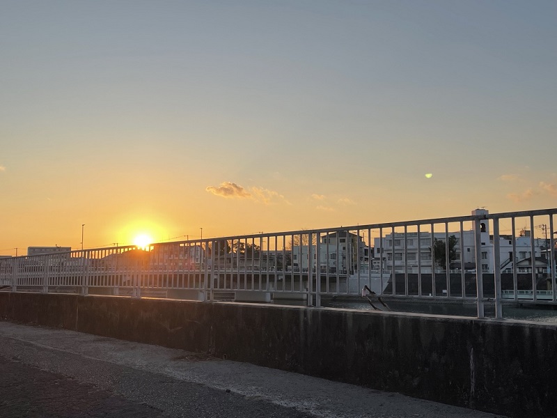 The sun, hiding behind a rail and homes, setting in the city of Osaka, Japan