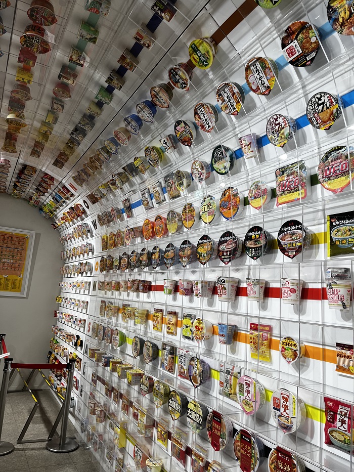 Colorful cup ramens displayed on the walls of the Cup Noodle Museum in Osaka, Japan