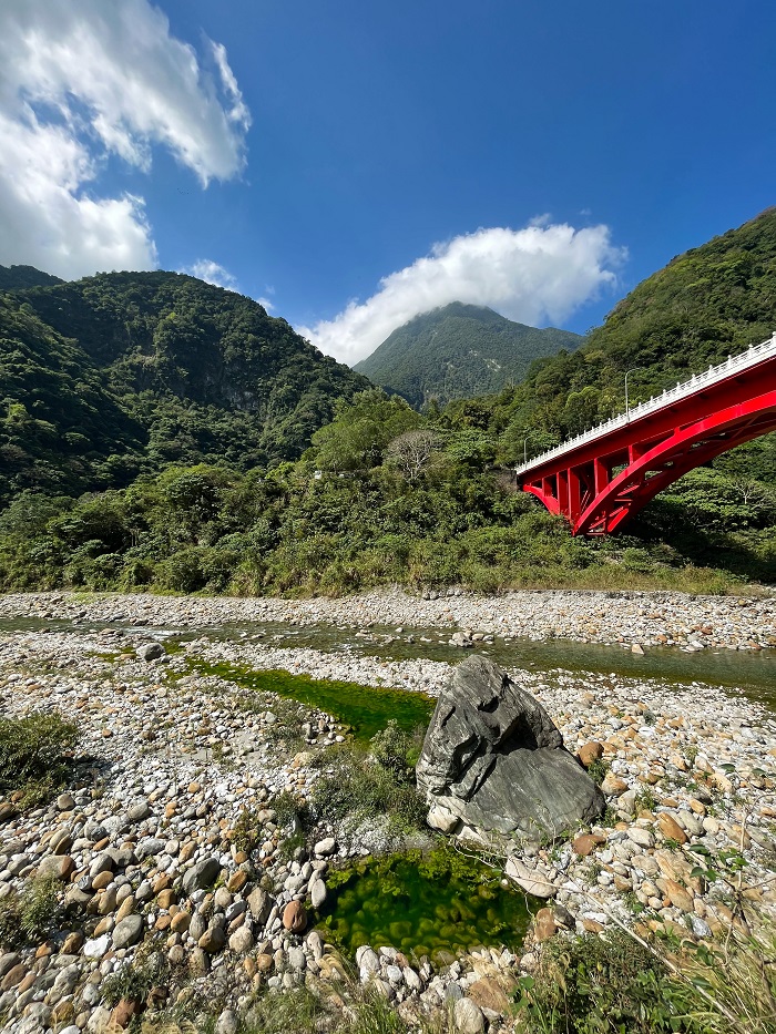 A red and white bridge in Taroko National Park in Taiwan