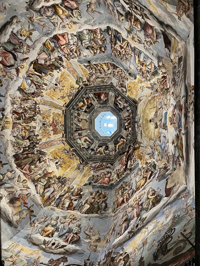 Close look at the artwork inside of the interior of the copula of the Duomo in Florence Italy