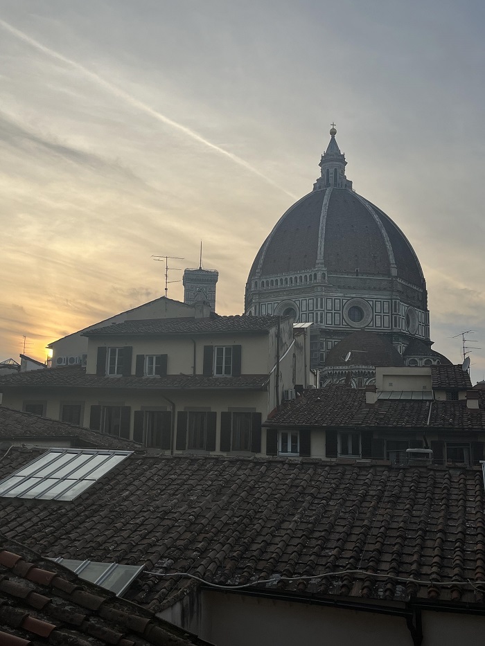 View of the Duomo and the top of buildings from Biblioteca delle Oblate in Florence, Italy