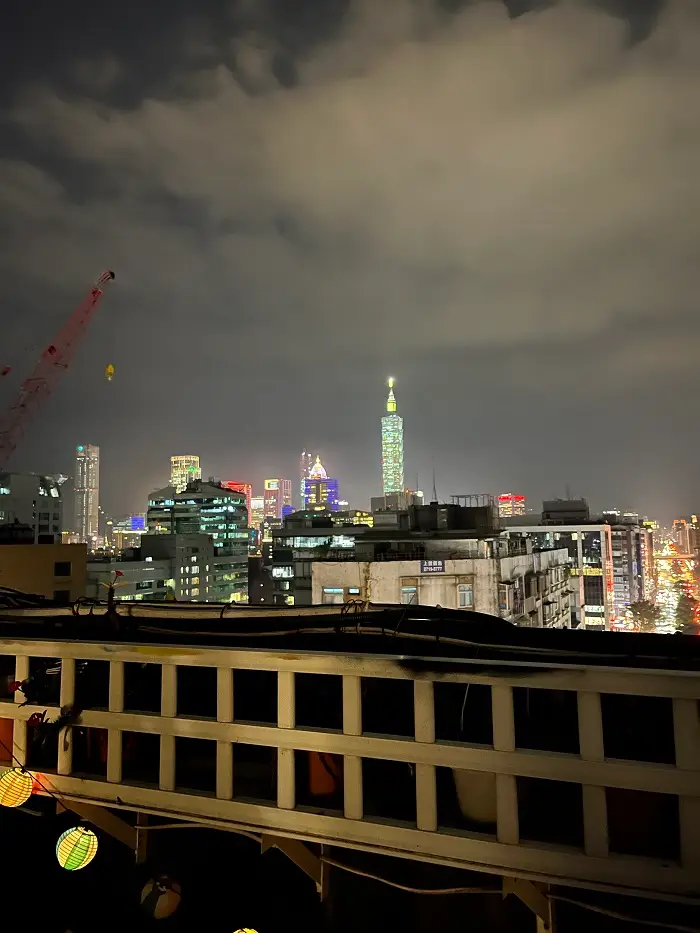 Skyline view of Taipei, Taiwan from a balcony at night