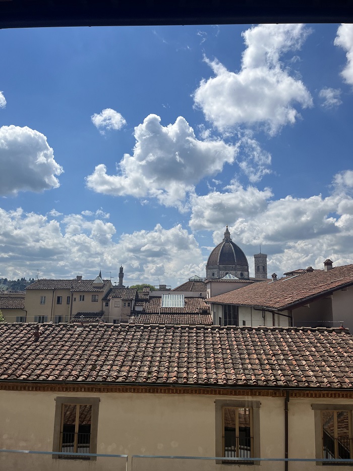 The terracotta roofs of buildings with a view of the Duomo in the far distance in Florence
