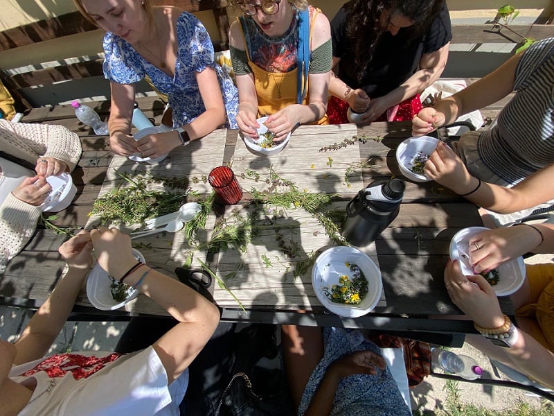 Students making lip balms with natural and plant-based remedies such as sage, flowers, and rosemary soaked in oiled