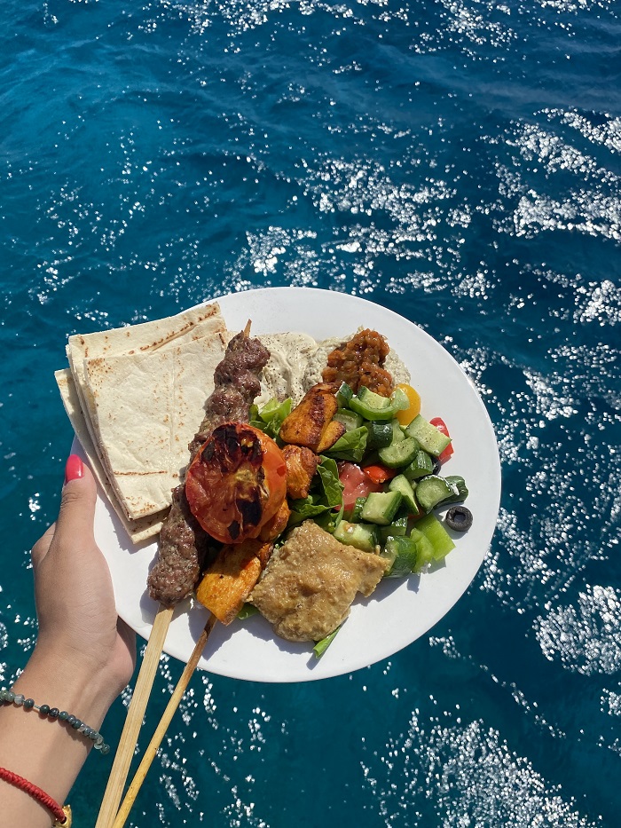 A hand holding a plate of food such as skewers, vegetables, dip, and flatbread above blue waters