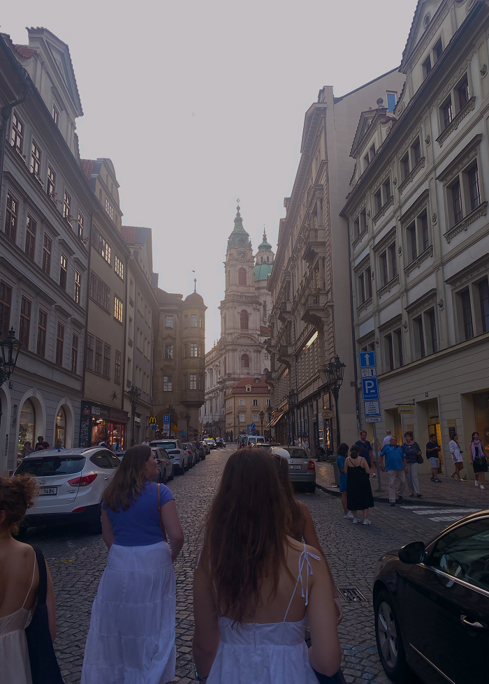 CET Film Production at FAMU students walking the streets of Old Town Prague