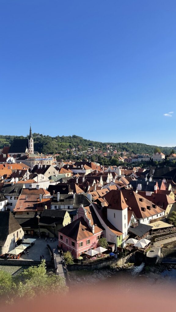 A view of the whole town of Český Krumlov on a cloudless day
