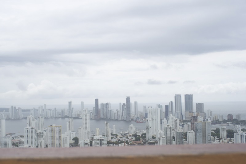 Many tall buildings and skyscrapers in Cartagena, Colombia on a cloudy day