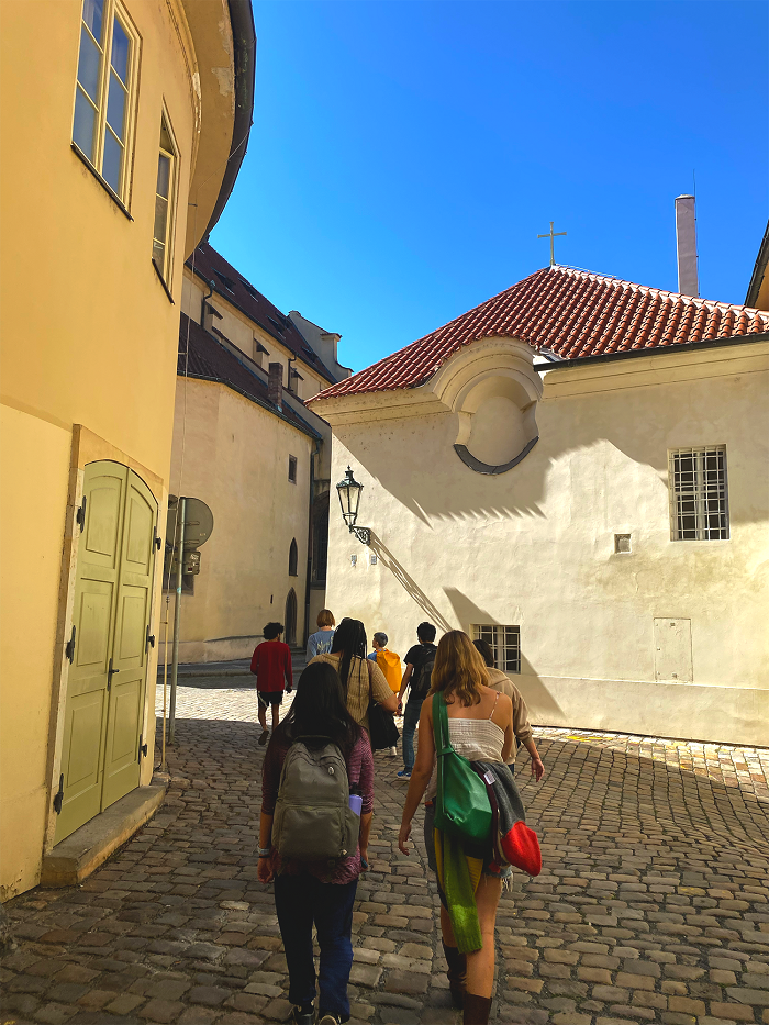 CET Film Production at FAMU students walking through the narrow and winding streets of Old Town, Prague