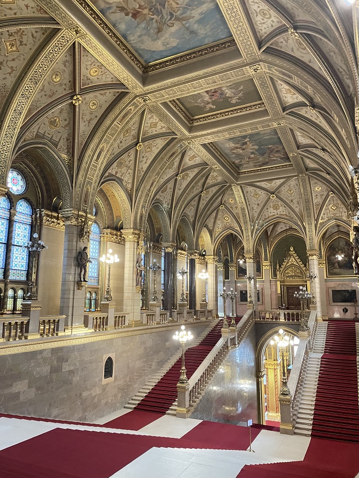 The grand staircase inside of the Hungarian Parliament