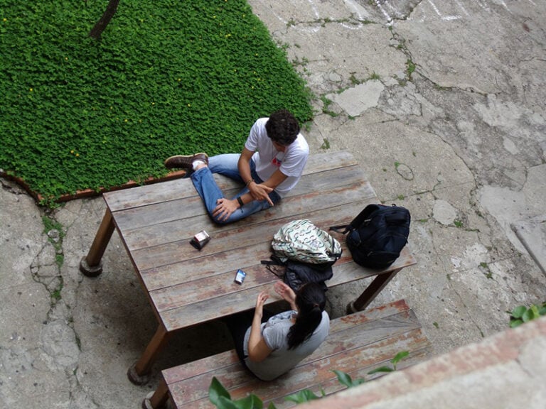 birds-eye shot of students in courtyard