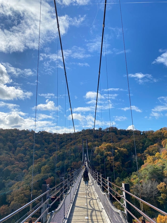 View of the partly cloudy sky and fall foliage on the bridge of Hoshino Blanco in Japan