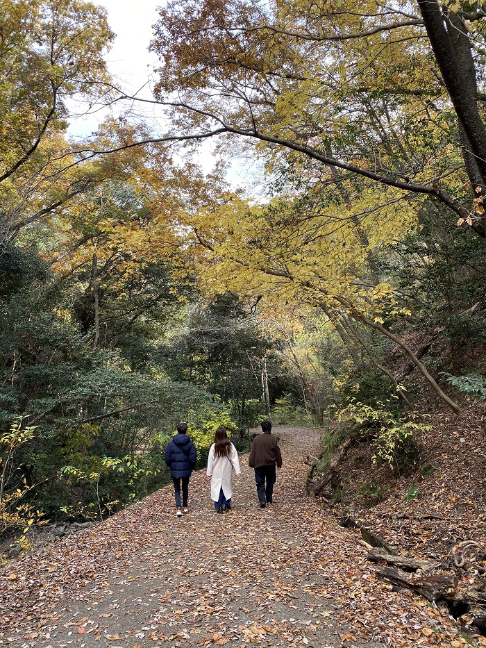 Three people walking amidst the fall foliage in Hoshida Park in Japan