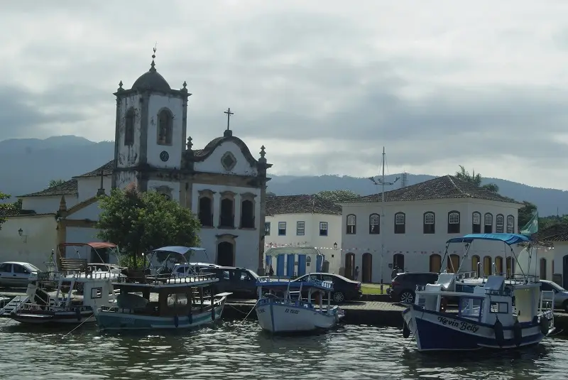 A view of Paraty from the bay with boats