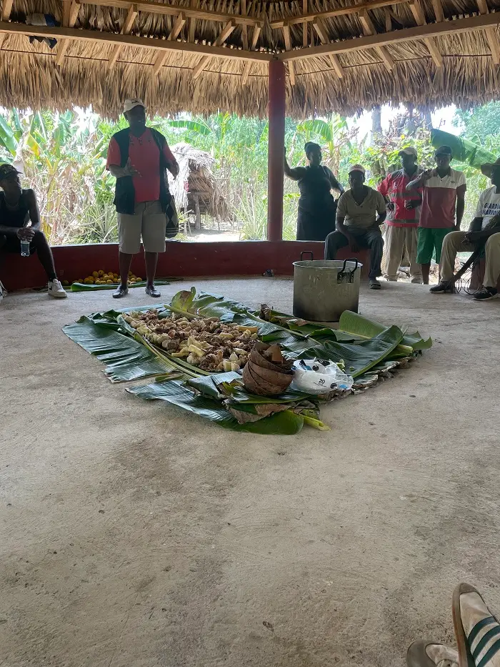 Locals standing around a large meal laid out on the floors on top of large banana leaves at a local farm.