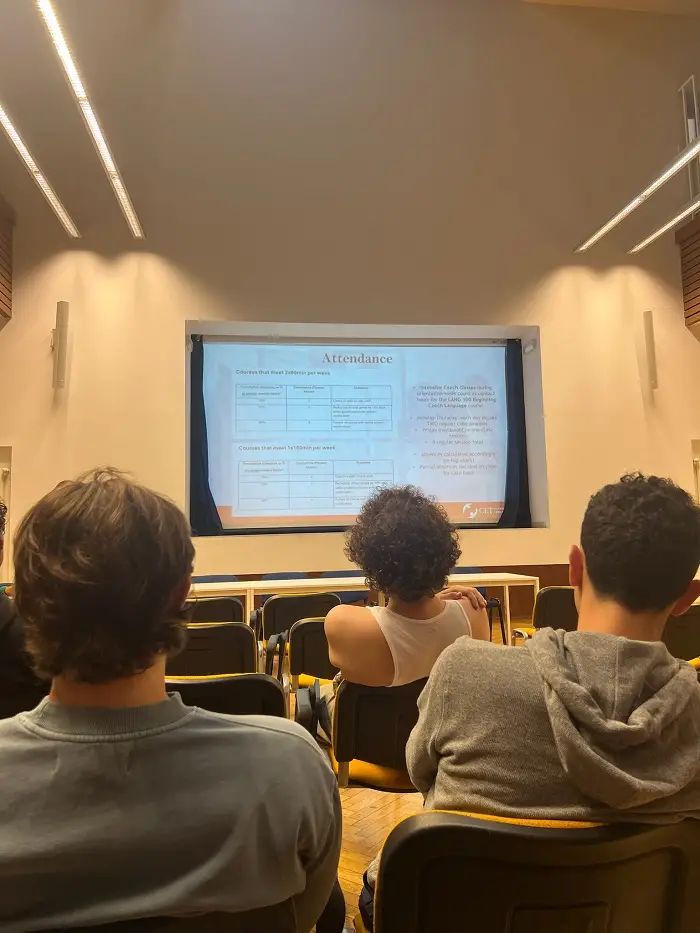 A classroom with CET Prague students looking at a presentation with details about the attendance policy