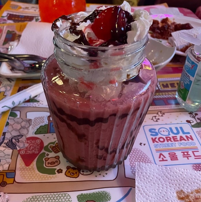 A chocolate and cherry shake from a Soul Korean Street Food restaurant