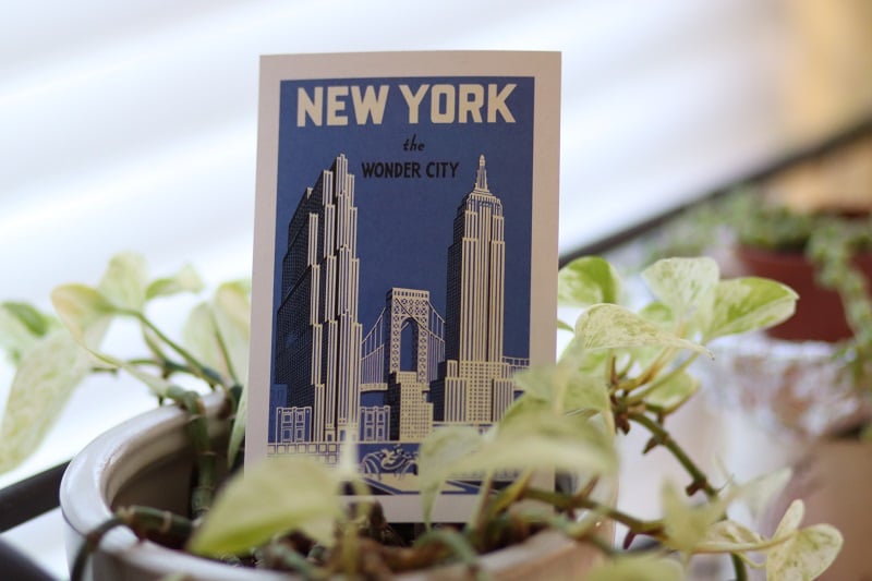 A postcard placed within a plant that says "New York the Wonder City" 