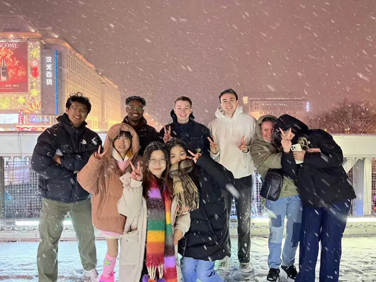 students outside in the snow