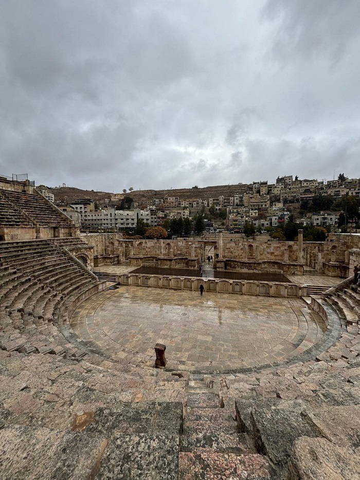 The roman amphitheater ruins in Amman, Jordan on a cloudy day