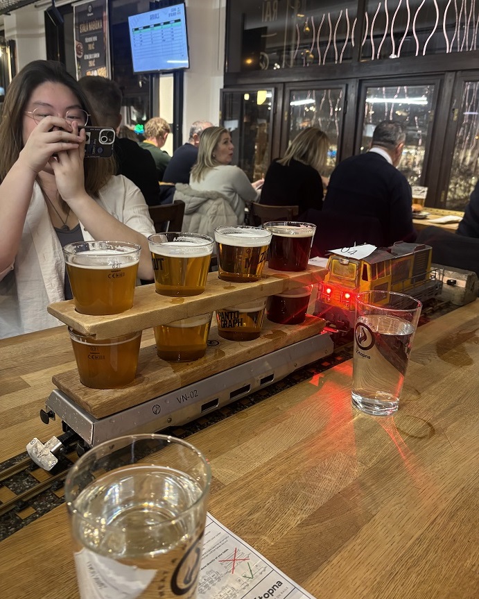A line of beer on a table within a restaurant in Prague. Czech Republic