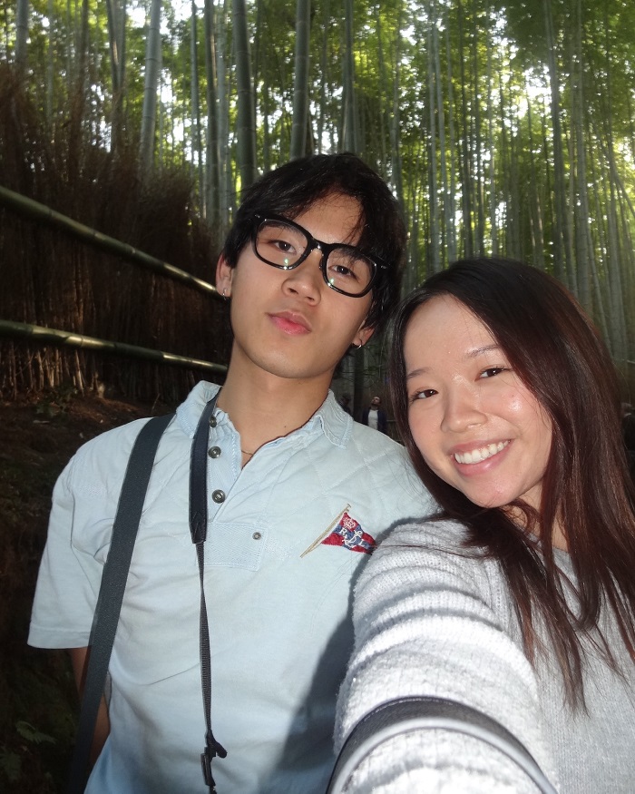 Two CET Japan students taking a selfie in the Arashiyama Bamboo Forest