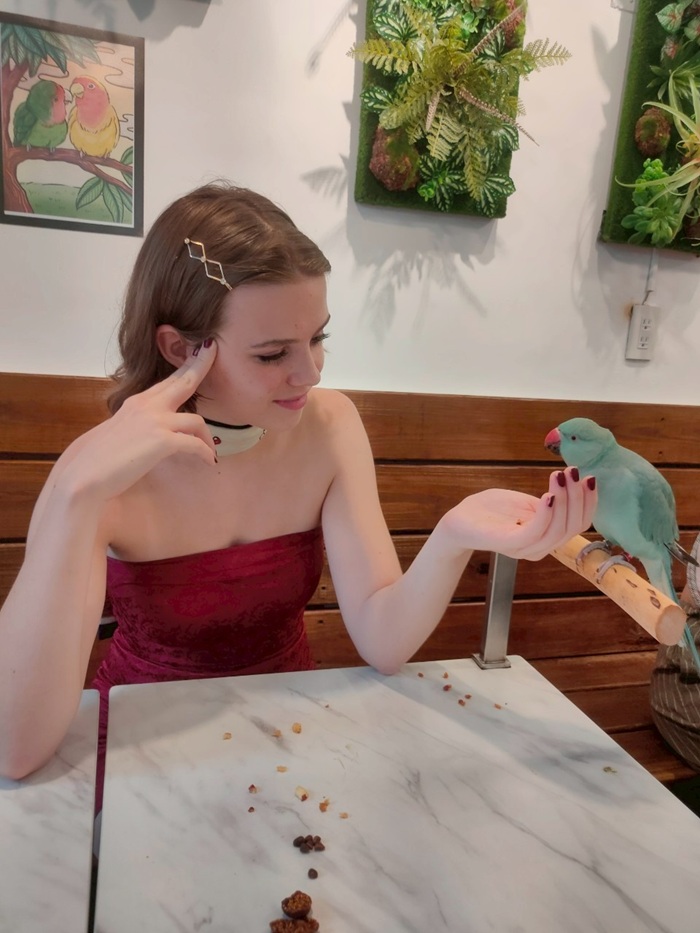 A CET Taiwan student sitting at a table while having a parrot perching besides her in a cafe