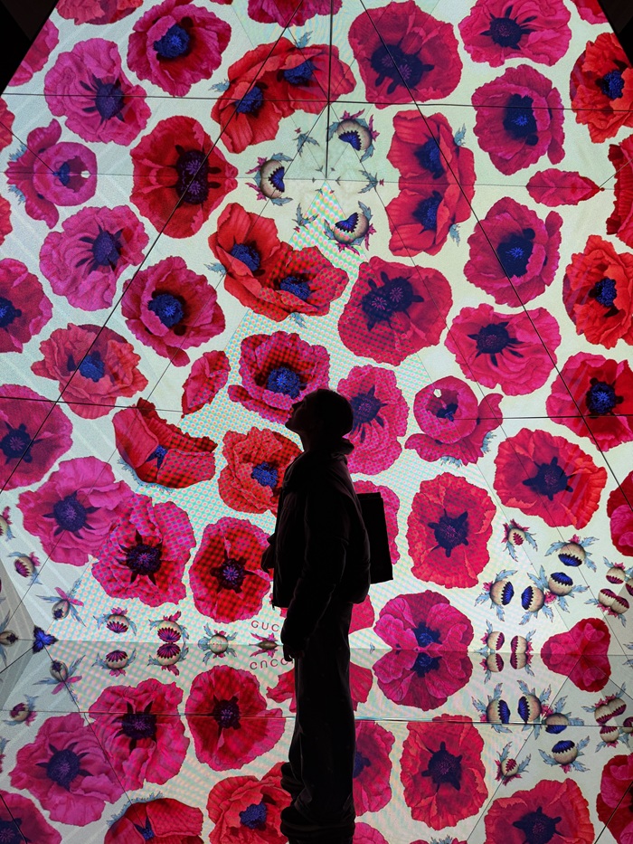 A CET Florence student standing and starring at the walls of an immersive room with a floral-like pattern in the Gucci Garden Museum