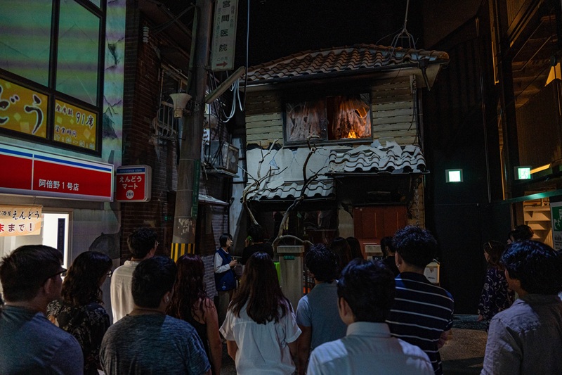 A simulation or exhibit located at the Osaka City Abeno Life Safety Learning Center.