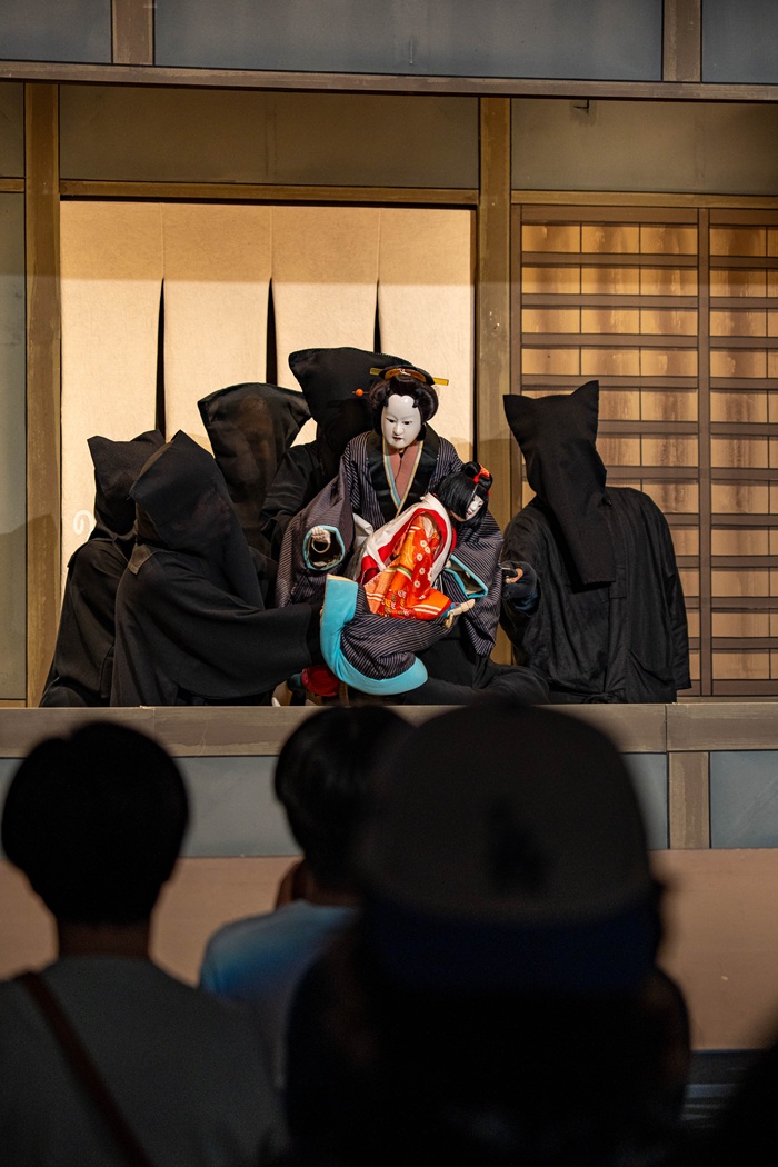 A traditional Awa Ningyo Joruri puppet performance at the Tokushima Prefectural Awa Jurobe Yashiki in Japan.