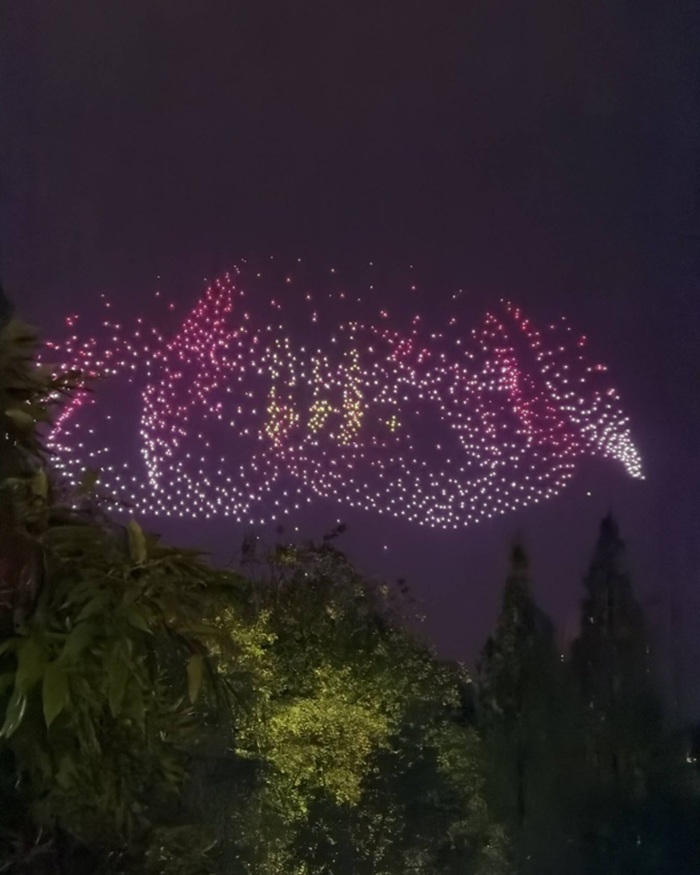 Colorful drone display of a flower above trees at night