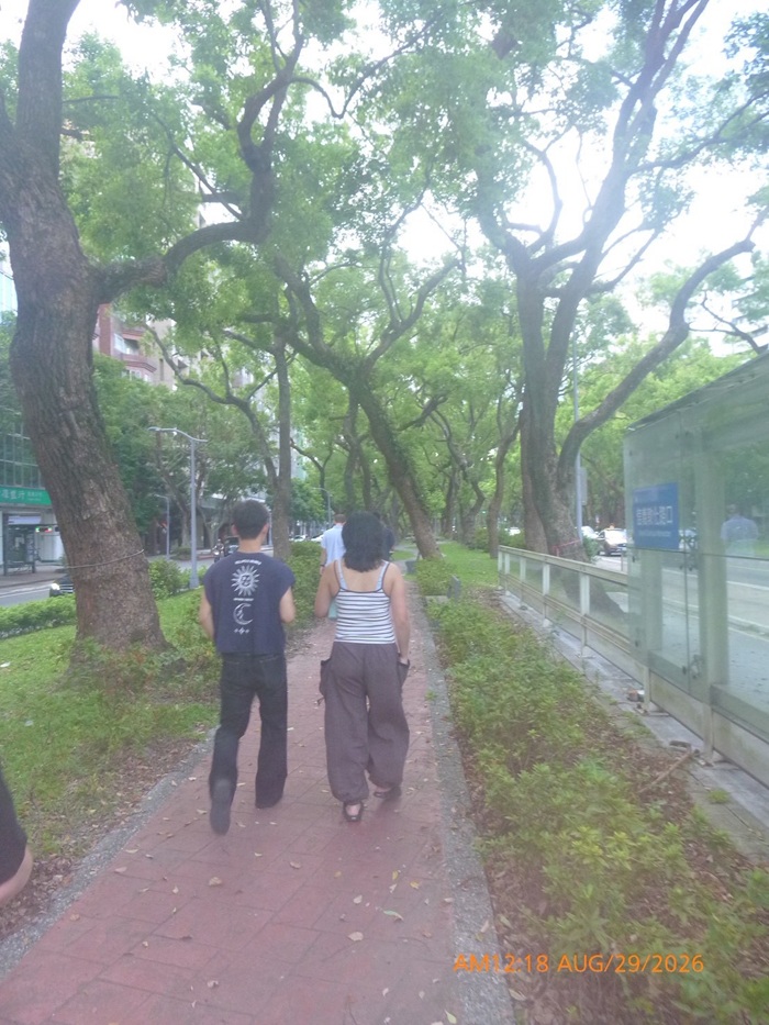 A local roommate and a CET Taiwan student taking a stroll in a park outside under trees